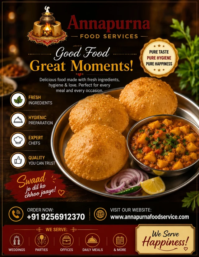 Delicious Puri Bhaji – Pure Taste, Pure Happiness! 😋🍽️

Enjoy the delicious taste of Puri Bhaji from Annapurna Food Services! ✨
Fresh ingredients, hygienic preparation, expert chefs, and quality you can trust. Perfect for Weddings, Parties, Offices, Daily Meals & More! ❤️

📞 Order Now: +91 9256912370
🌐 Website: www.annapurnafoodservice.com

#AnnapurnaFoodServices #PuriBhaji #DeliciousFood #IndianFood #PureTaste #FreshFood #HygienicFood #FoodLovers #TastyFood #TraditionalFood #CateringServices #WeddingCatering #PartyFood #OfficeMeals #DailyMeals #FoodService #WeServeHappiness #OrderNow #IndianCuisine #Foodie