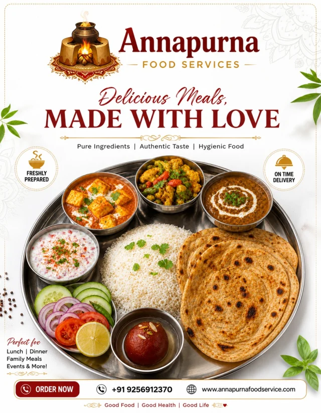 Delicious Meals, Made with Love | Annapurna Food Services

Enjoy the authentic taste of delicious, freshly prepared and hygienic meals with Annapurna Food Services. From wholesome thalis to satisfying lunch and dinner meals, every dish is prepared with pure ingredients, authentic taste and lots of love. ❤️

✨ Freshly Prepared
🥗 Pure & Hygienic Food
😋 Authentic Taste
🚚 On-Time Delivery

📞 Order Now: +91 9256912370
🌐 Website: www.annapurnafoodservice.com

Good Food | Good Health | Good Life

#AnnapurnaFoodServices #DeliciousMeals #MadeWithLove #IndianFood #IndianThali #SpecialThali #FoodDelivery #FreshFood #HygienicFood #AuthenticTaste #HomeStyleFood #Lunch #Dinner #FamilyMeals #PureVegetarian #VegFood #FoodLovers #OrderNow #HealthyFood #GoodFoodGoodLife