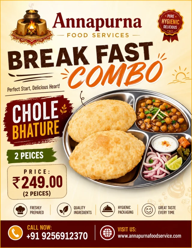 🥣 Breakfast Combo Special – Chole Bhature @ Just ₹249 | Annapurna Food Services

Start your day with the authentic taste of North India! 😋
Enjoy our delicious Breakfast Combo featuring 2 fluffy Bhature with spicy Chole for just ₹249.

✅ Freshly Prepared
✅ Hygienic Packaging
✅ Premium Quality Ingredients
✅ Perfect for Breakfast & Brunch

📞 Call Now: +91 9256912370
🌐 Website: www.annapurnafoodservice.com

#AnnapurnaFoodServices #BreakfastCombo #CholeBhature #IndianBreakfast #FoodLovers #BreakfastTime #FreshFood #HygienicFood #NorthIndianFood #DeliciousMeals #Foodie #Ajmer #Restaurant #ComboOffer #TasteOfIndia