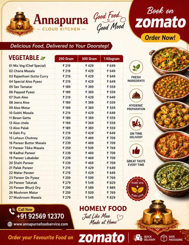 Book on Zomato | Annapurna Cloud Kitchen | Fresh & Delicious Veg Menu

Craving delicious, homestyle vegetarian food? 🍲 Annapurna Cloud Kitchen brings you freshly prepared North Indian specialties made with premium ingredients and authentic flavors. Order your favorite dishes on Zomato and enjoy hygienic, restaurant-quality meals delivered right to your doorstep.

📞 Call Now: +91 9256912370
🌐 Website: www.annapurnafoodservice.com

#AnnapurnaCloudKitchen #BookOnZomato #OrderNow #VegFood #NorthIndianFood #HomeStyleFood #FreshFood #FoodDelivery #CloudKitchen #PaneerLovers #RajasthaniFood #HealthyMeals #Foodie #Restaurant #AnnapurnaFoodServices